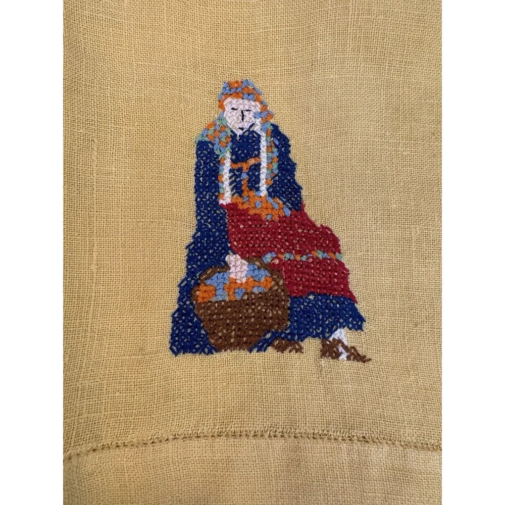 Vintage Tea Towel Yellow Embroidered Female with Basket Cottage Core